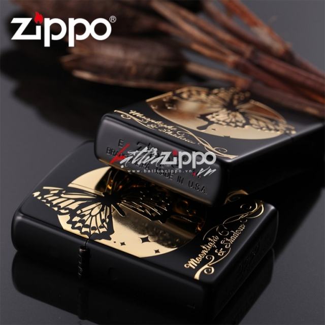 Bật lửa Zippo chính hãng nguyên khối hình bướm đêm mạ vàng