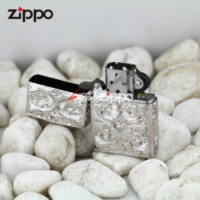Bật lửa Zippo chính hãng nguyên khối bạch kim khắc hoa văn nổi