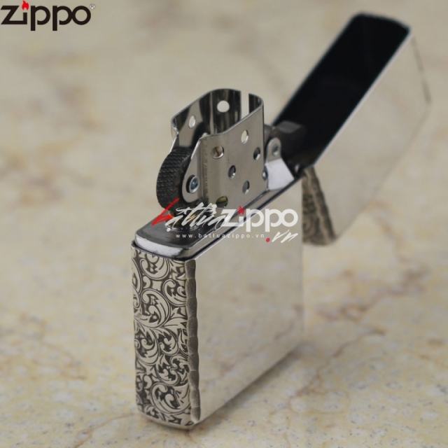 Bật lửa Zippo chính hãng mạ bạc khắc hoa văn xung quanh