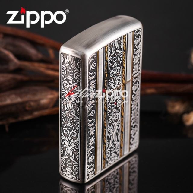 Bật lửa Zippo chính hãng khắc hoa văn bao quanh si vàng bạc