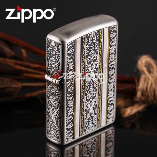 Bật lửa Zippo chính hãng khắc hoa văn bao quanh si vàng bạc