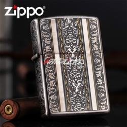 Bật lửa Zippo chính hãng khắc hoa văn bao quanh si vàng bạc - Mã SP: BL00471