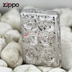 Bật lửa Zippo chính hãng nguyên khối bạch kim khắc hoa văn nổi - Mã SP: ZPC0345